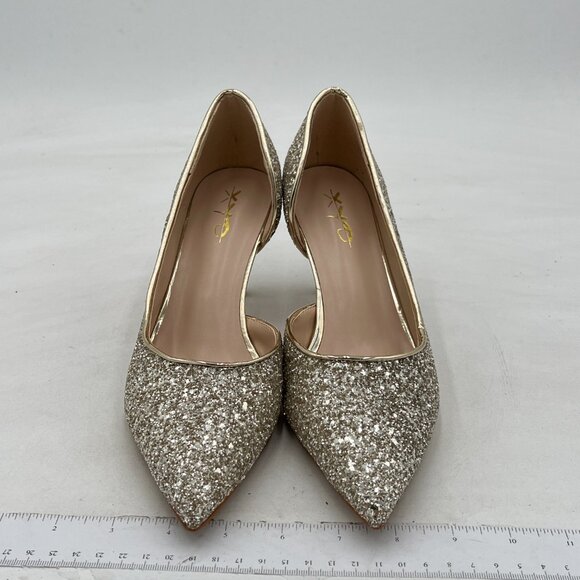 XYD Gold Glitter D'Orsay Mid Heels Comfortable Slip-on Pointed Toe Sexy Pumps - Picture 3 of 8